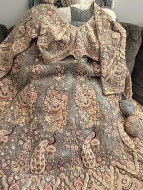 Embroidered Floral & Peacock Lehenga Set in Dusty Gray and Blush